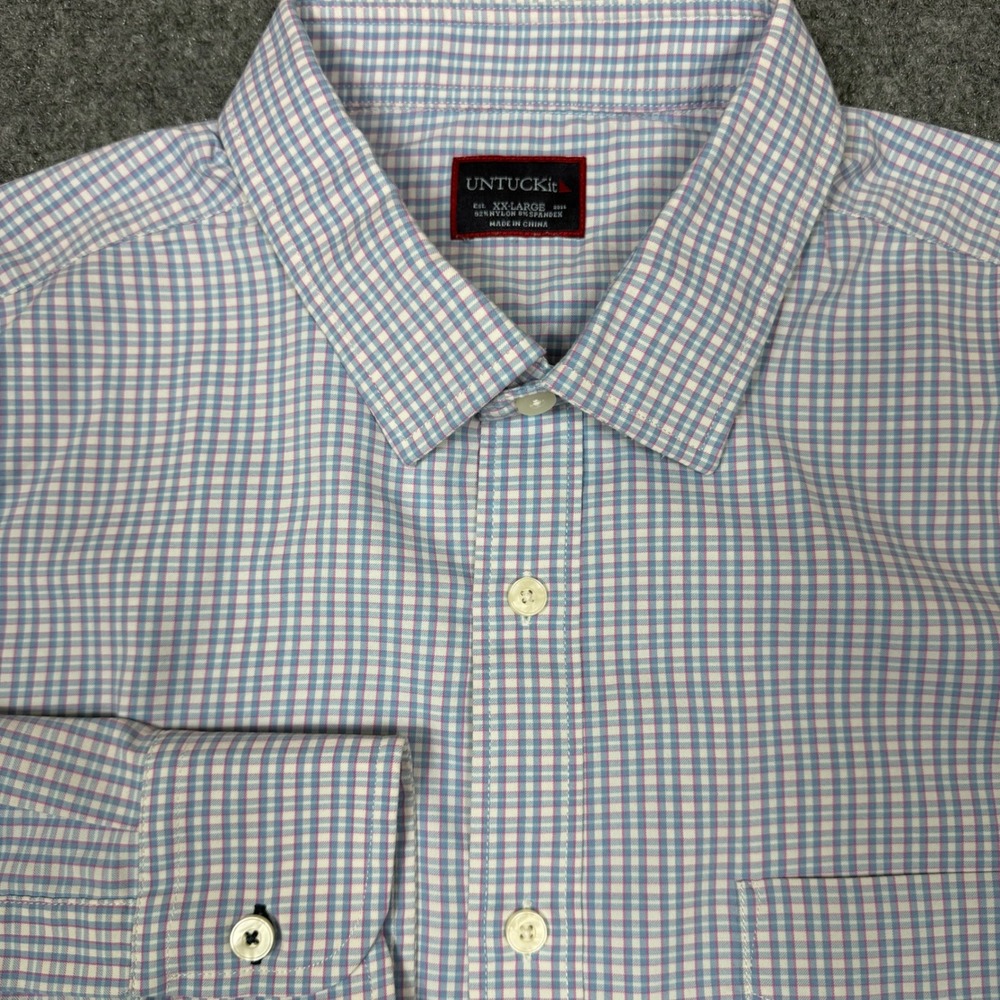 UNTUCKit Mens XXL Blue Pink Gingham Performance Stretch Button Down Shirt